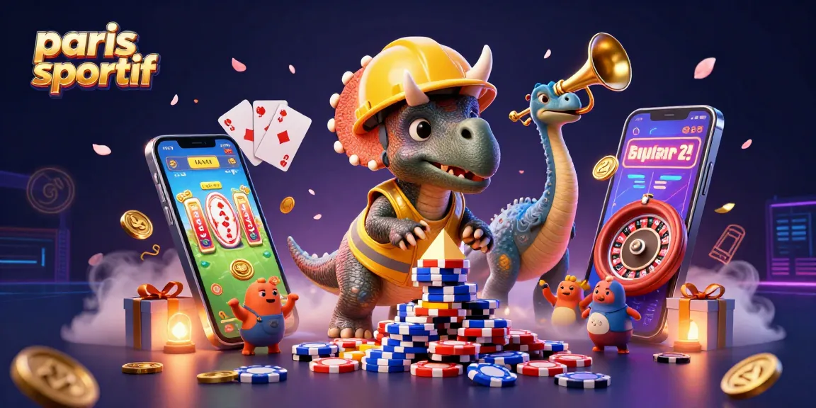 Disposition amusante d'un triceratops et d'un parasaurolophus célébrant les paris sportifs avec des jeux de cartes et des jetons