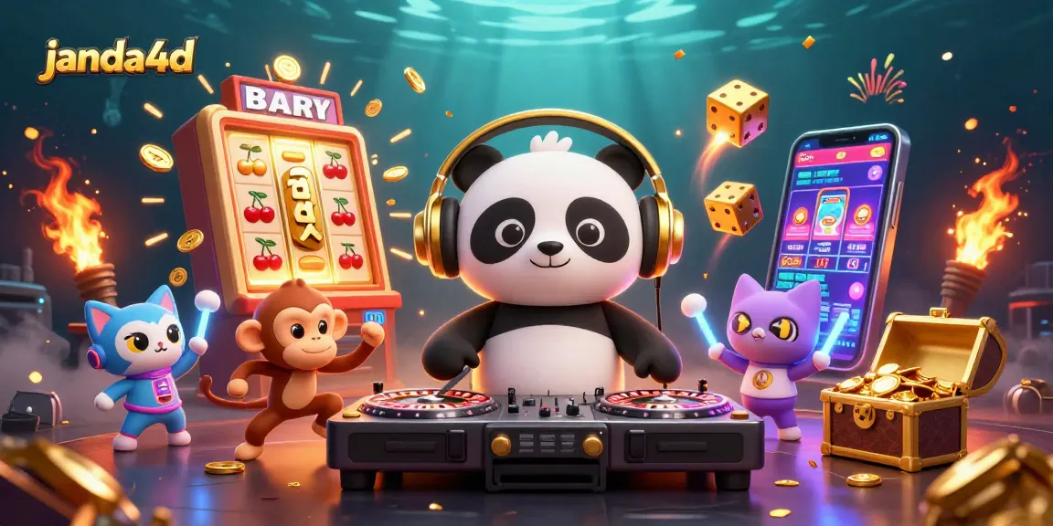Merayakan kesenangan permainan judi janda4d dengan panda DJ, monyet brek dancing, dan anak kucing seru.