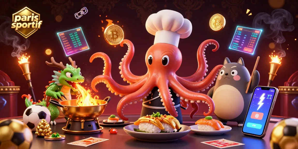 Pariez sur des événements sportifs avec les illustrations captivantes de paris sportif, incluant un chef sushi poulpe et un dragon.