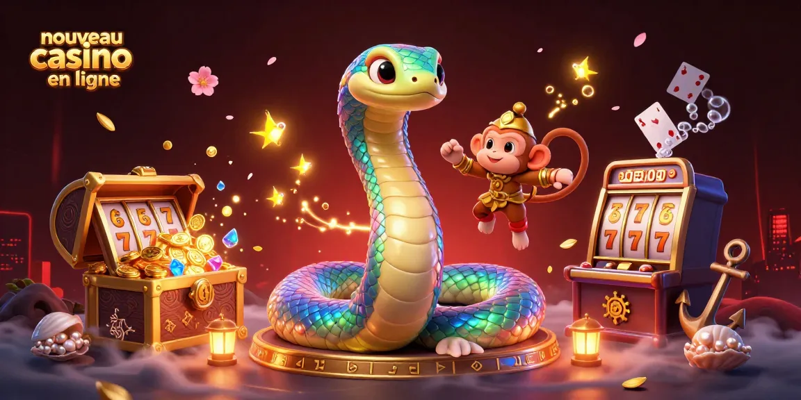 Explorez le nouveau casino en ligne avec un serpent arc-en-ciel et un roi singe, entouré de machines à sous.