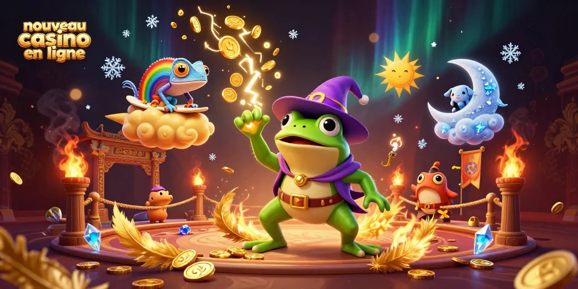 Jouez au nouveau casino en ligne avec un personnage de grenouille magique créant une tempête de pièces d'or.