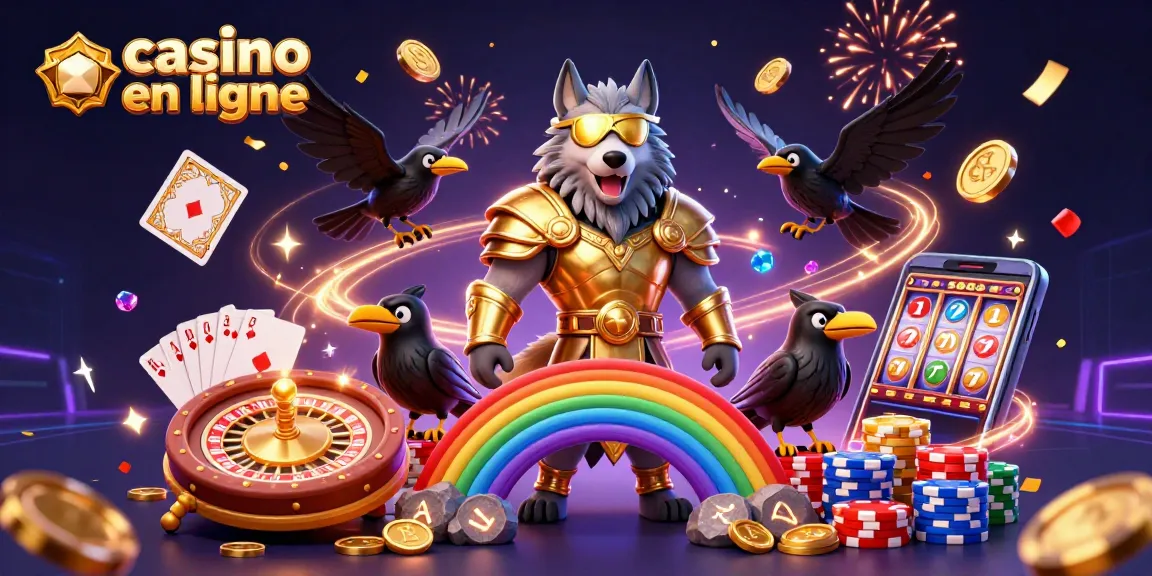 Découvrez le casino en ligne avec un loup Odin et des éléments festifs entourés de jetons et de lumières.