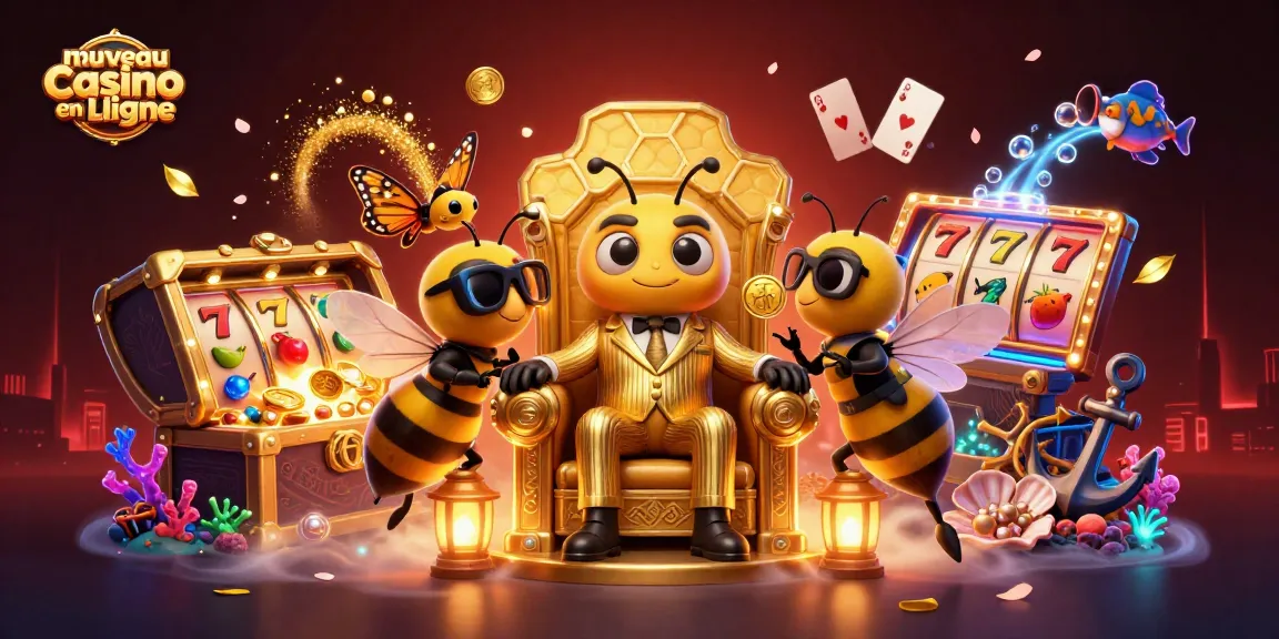 Découvrez l'animation d'un nouveau casino en ligne avec les personnages de la ruche entourés de machines à sous colorées.