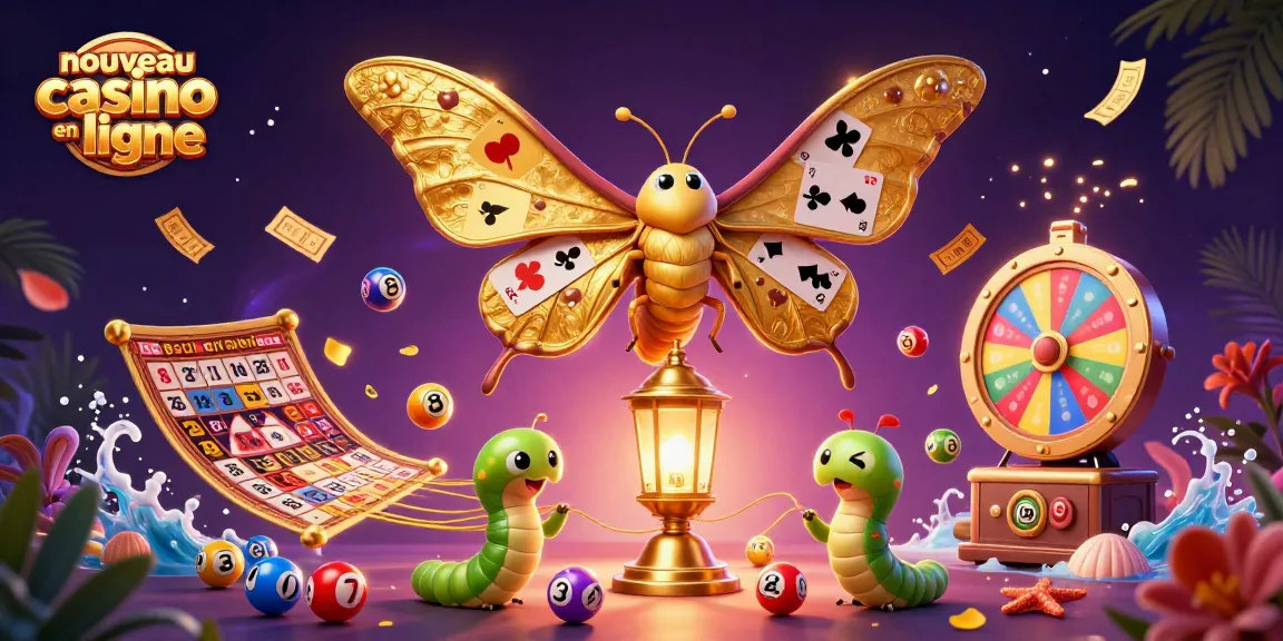 Plongez dans le monde du nouveau casino en ligne avec des éléments de loterie colorés et un papillon majestueux.