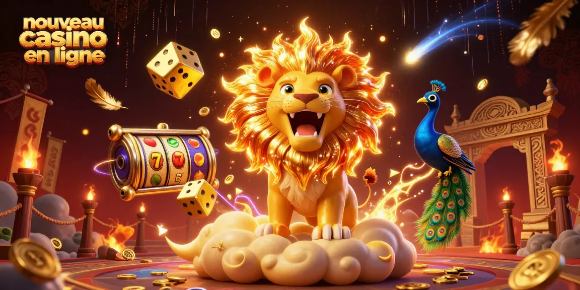 Illustration dynamique de nouveau casino en ligne intégrant des éléments de jeux, avec un lion solaire triomphant.