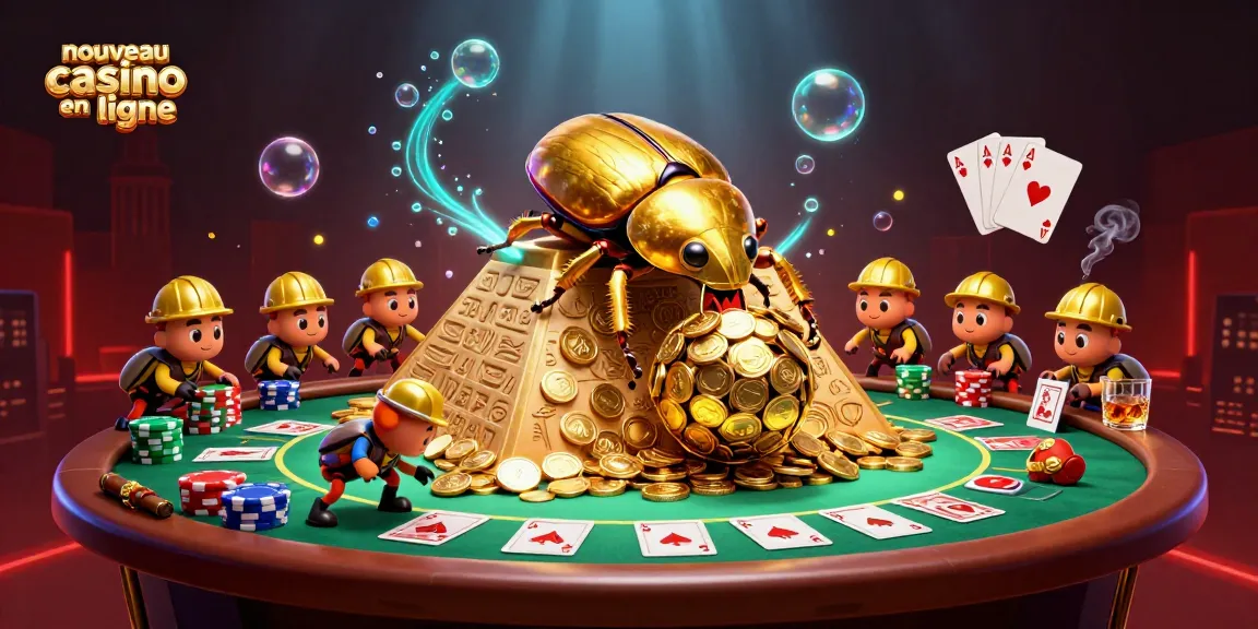 Illustration d'un nouveau casino en ligne montrant une scène dynamique avec un scarabée doré et des jetons de poker.