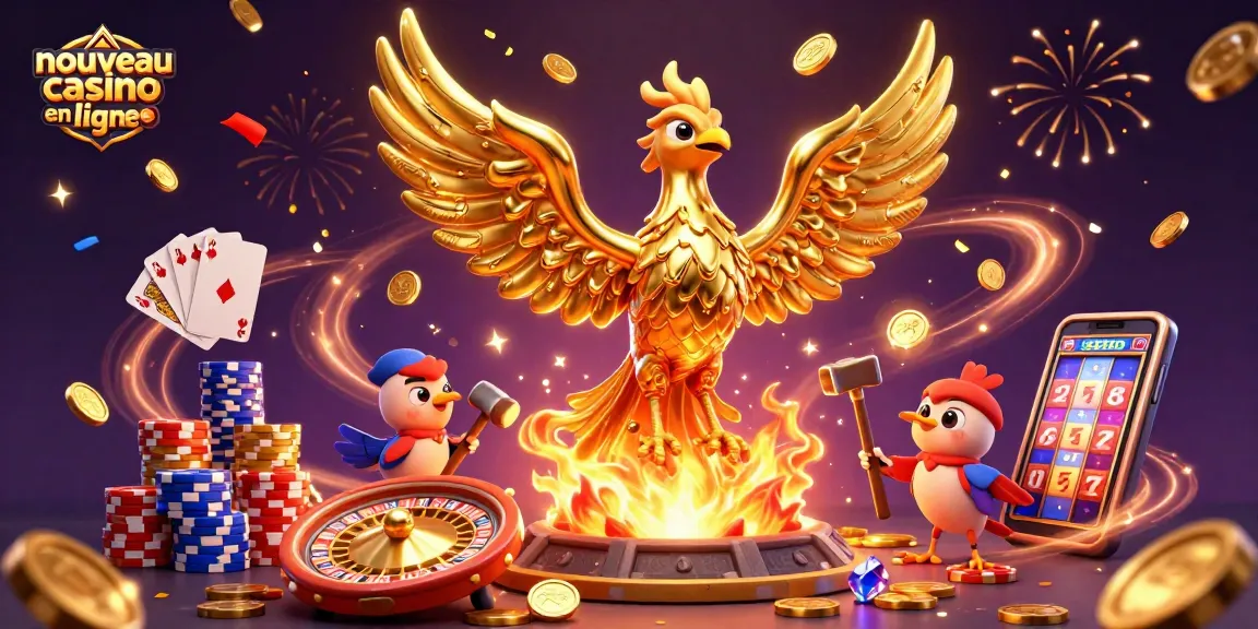 Illustration dynamique du nouveau casino en ligne avec un phénix doré et des pièces volantes.