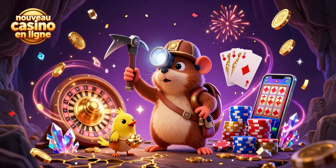 Illustration captivante d'un nouveau casino en ligne, avec un rat de terre et un canari minant des trésors étincelants.