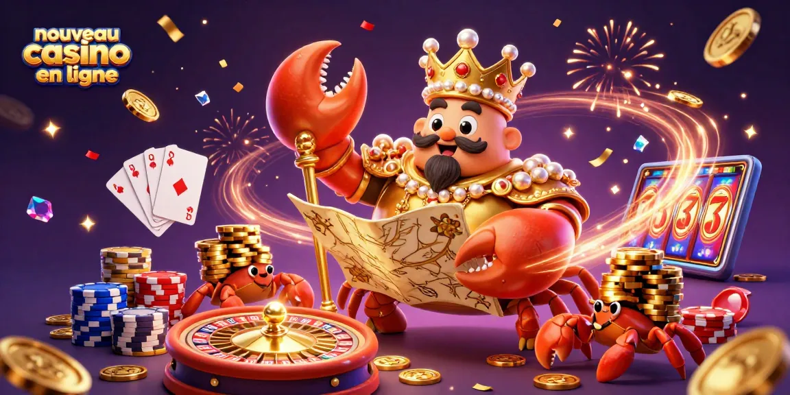 Illustration captivante d'un nouveau casino en ligne avec un empereur crabe et des jetons d'or.