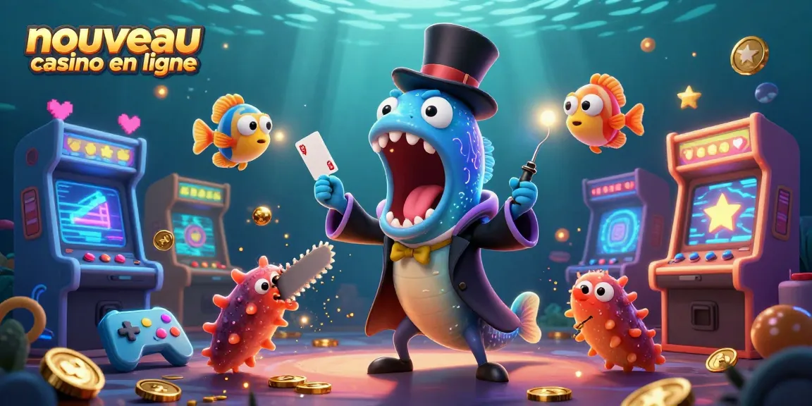 Présentation d'un nouveau casino en ligne avec un mérou luminescent en cap magique et des éléments de jeu animés.