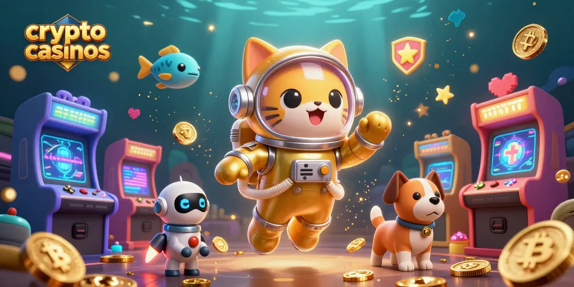 Illustration dynamique de crypto casinos avec des personnages en 3D, machines à sous et pièces de monnaie.