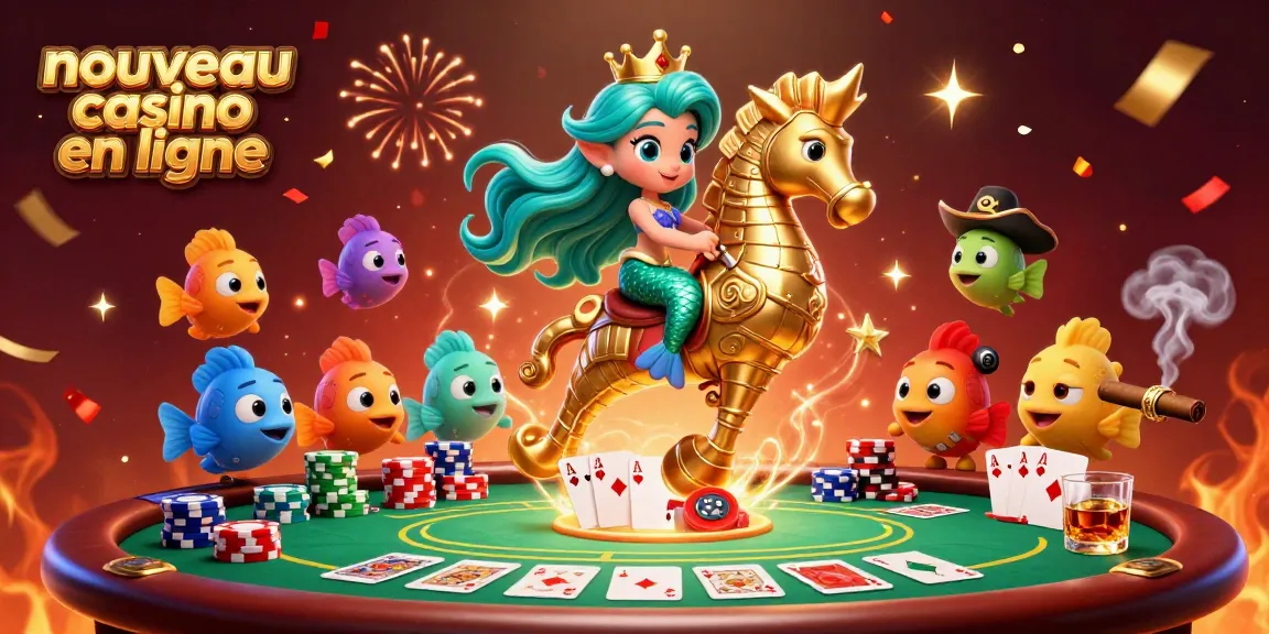 Illustration dynamique d'un nouveau casino en ligne avec une princesse sirène, des éléments de poker et des accessoires festifs.