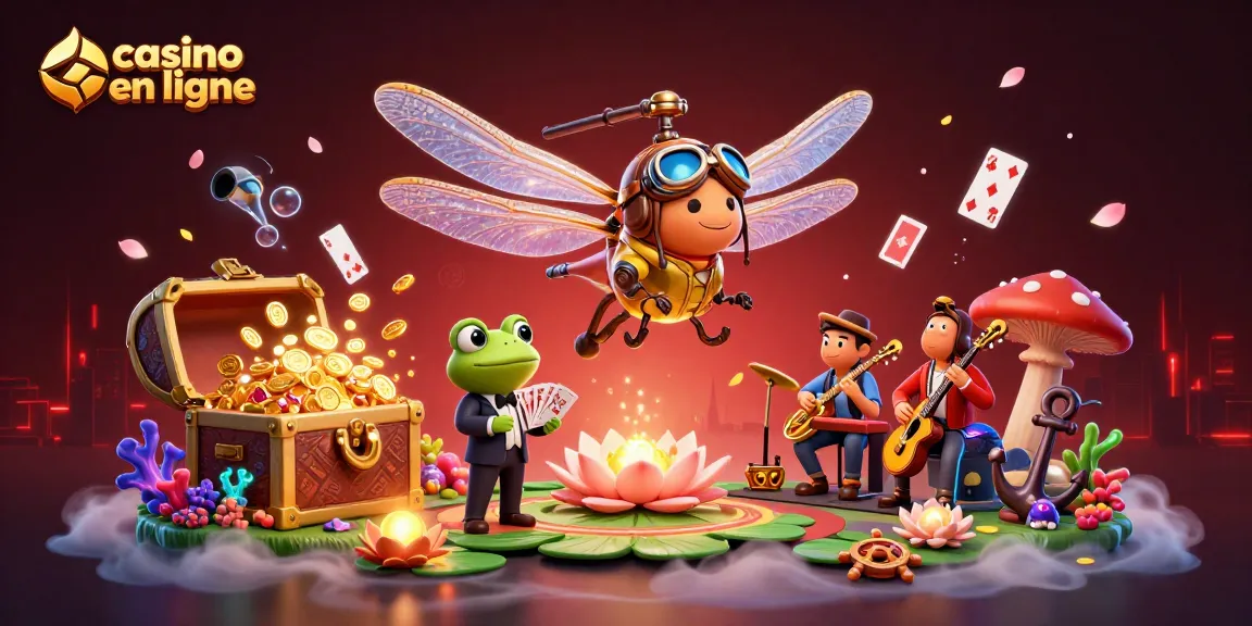 Jouer au casino en ligne avec style, entre un pilote libellule et un croupier grenouille.