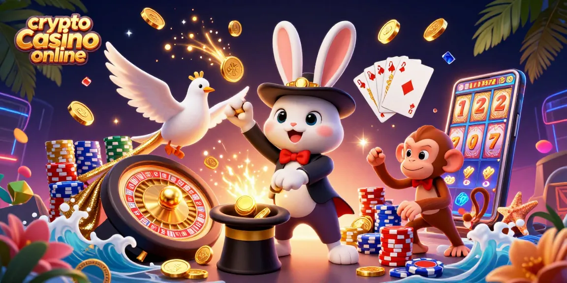 Giocare nel crypto casino online con un mago, un piccione e una scimmia, circondati da gettoni e monete.