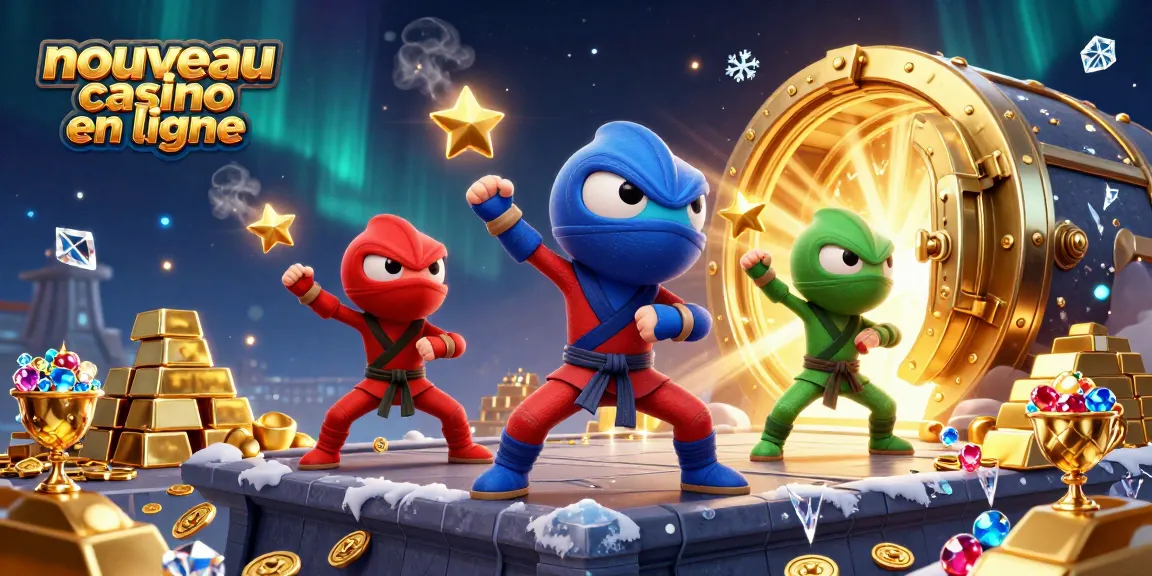 Visuel dynamique illustrant le nouveau casino en ligne avec des caméléons ninjas et des trésors brillants.