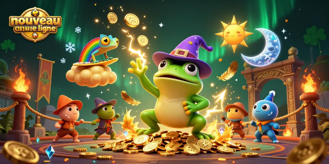 Visualisez le nouveau casino en ligne avec un sorcier grenouille et un caméléon arc-en-ciel pleins de pièces d'or.