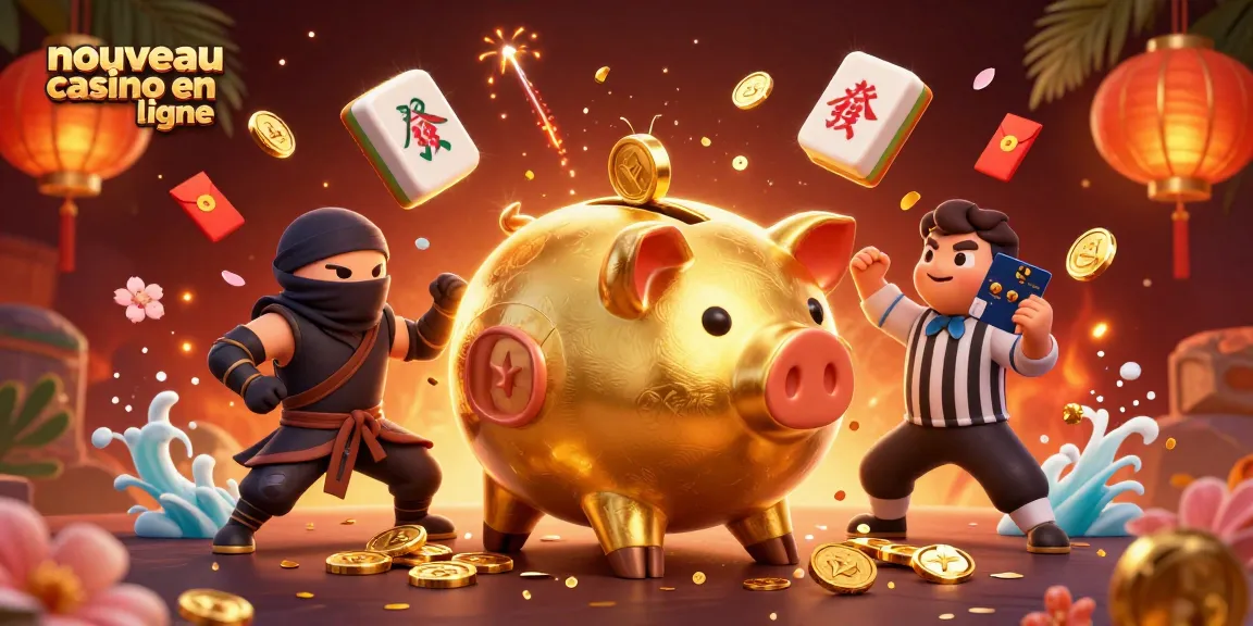 Aperçu d'une scène dynamique de nouveau casino en ligne avec un sumo en cochon d'or, un ninja et un samouraï, entourés de jeux et de décorations.