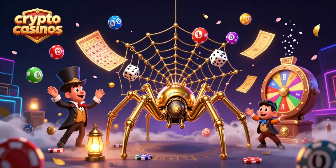 Jouez dans les crypto casinos avec une illustration captivante de jeux de loterie et de machines à sous.