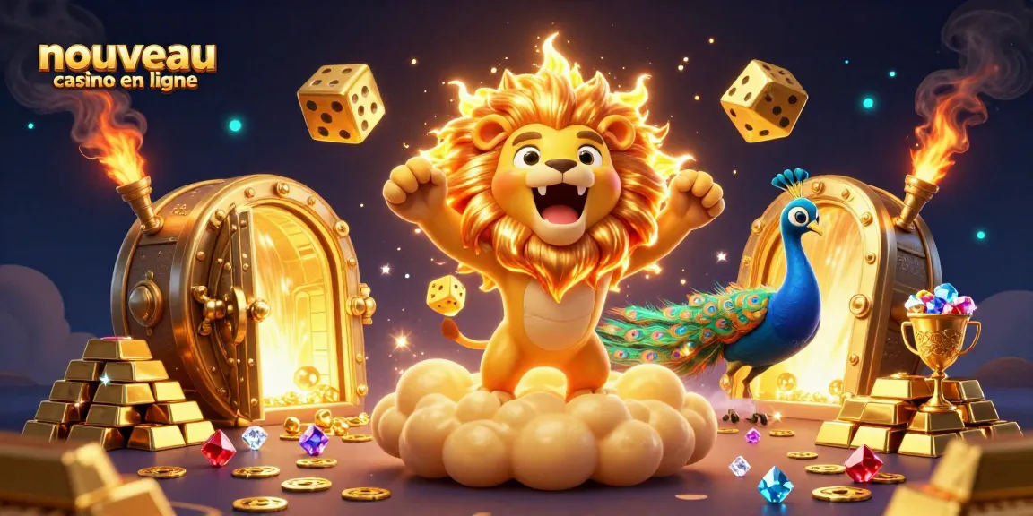 Découvrez un nouveau casino en ligne illustré par un lion flamboyant et des éléments dorés éclatants.