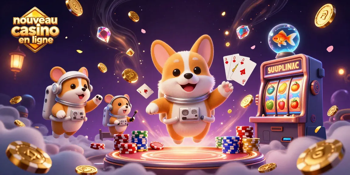 Illustration captivante d'un nouveau casino en ligne avec un corgi astronaute et des jetons flottants.