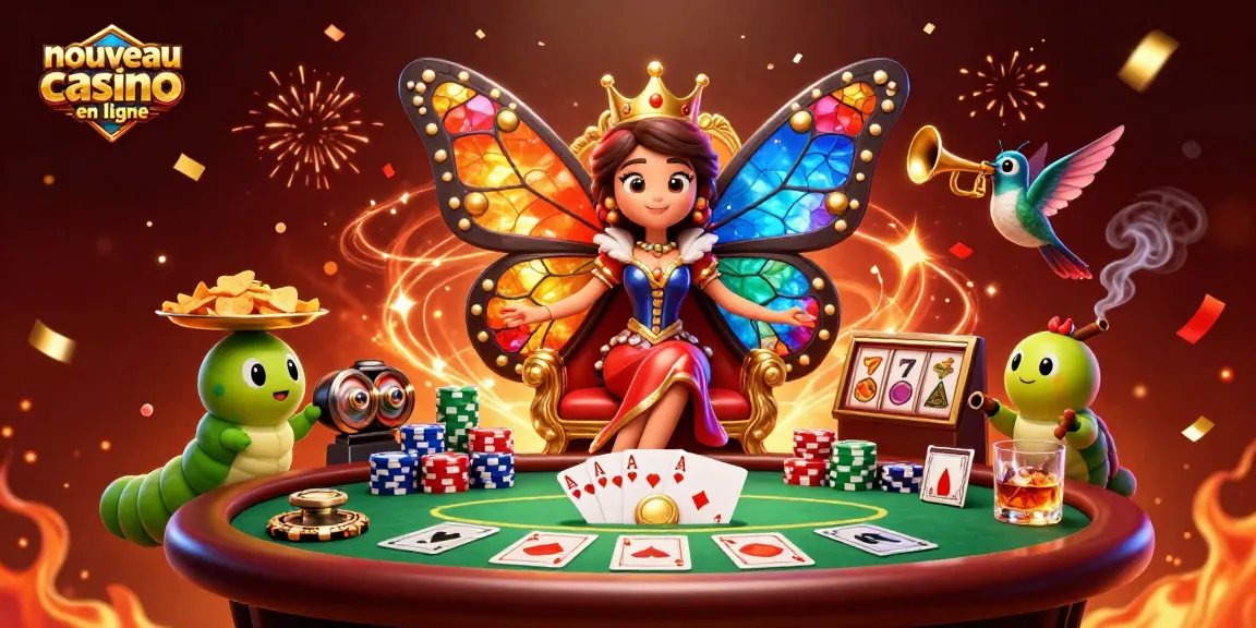 Une illustration 3D d'un nouveau casino en ligne mettant en scène une reine papillon avec des ailes en vitrail, entourée d'éléments de poker.