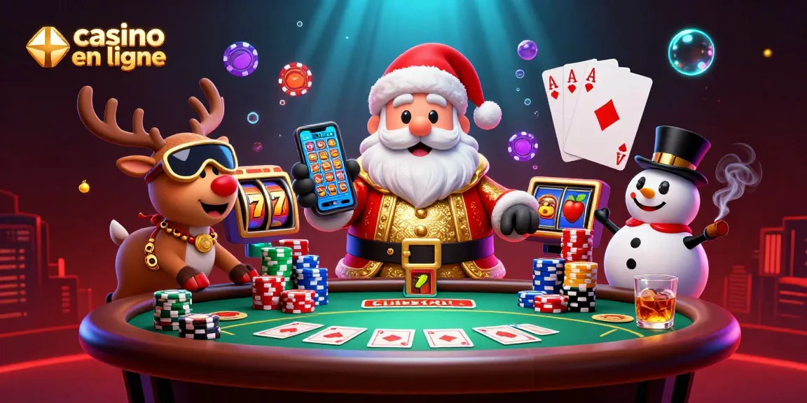 Jouez à casino en ligne avec le Père Noël et ses amis dans un cadre festif, entourés de machines à sous.