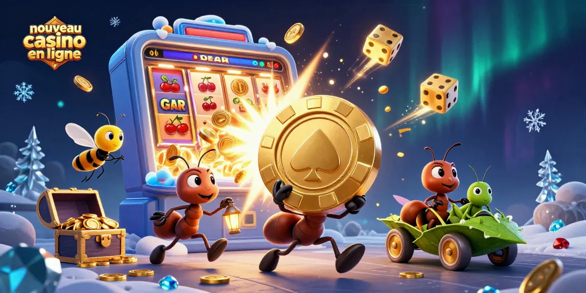Un casino en ligne nouveau avec une équipe de fourmis volantes portant un jeton de poker doré.