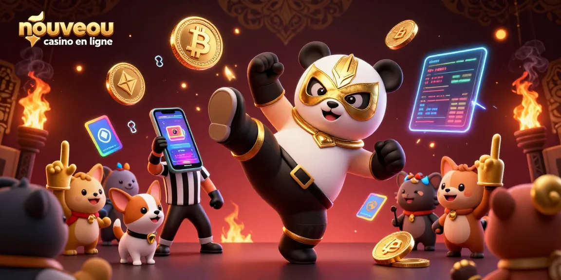 Illustration dynamique d'un nouveau casino en ligne avec un panda lutteur et des animaux spectateurs.