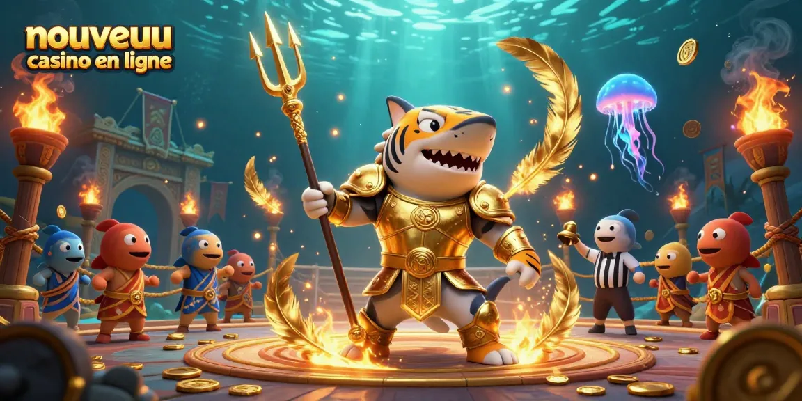 Une illustration dynamique représentant un nouveau casino en ligne avec un requin tigre en armure, des pièces d'or et des feux d'ambiance.
