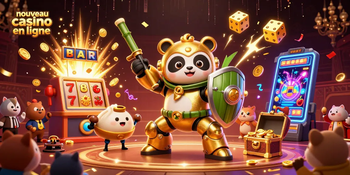 Illustration dynamique mettant en scène un nouveau casino en ligne avec un panda en mécha, des jetons et des lumières éclatantes.