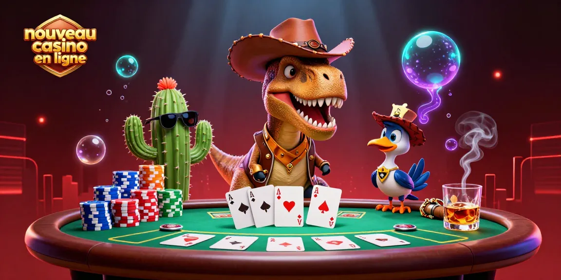 Illustration dynamique d'un nouveau casino en ligne avec un T-Rex, cactus et roadrunner jouant au poker.