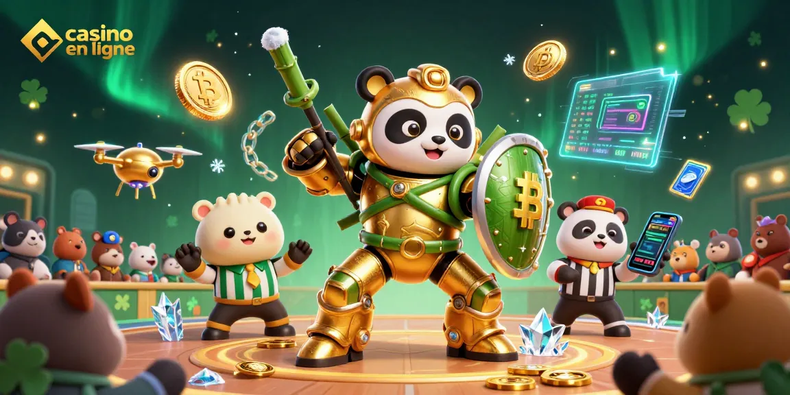 Déchaînez l'excitation avec casino en ligne, illustrant un panda doré en armure affrontant les jeux d'argent entouré de pièces et drones.