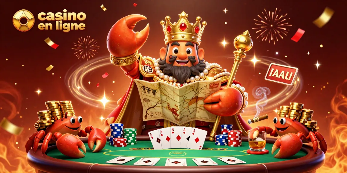 Casino en ligne : Crabe impérial avec sceptre et carte au trésor parmi des jetons de poker colorés.