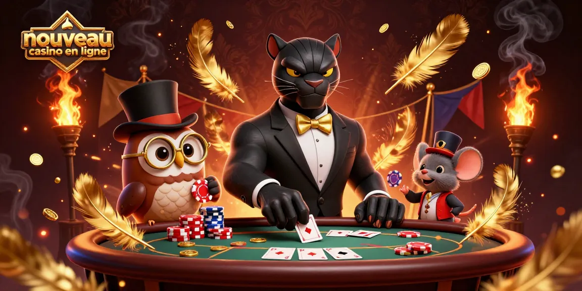 Jouez au nouveau casino en ligne avec une illustration dynamique illustrant un panthère en costume, un hibou et une souris porte-bonheur.