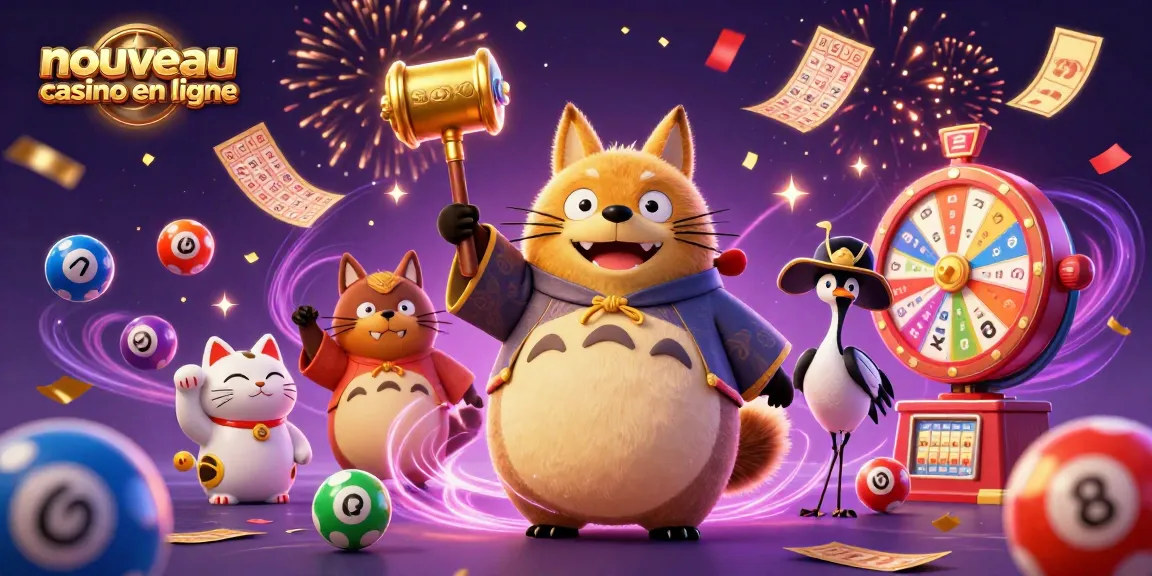 Image dynamique du nouveau casino en ligne avec un tanuki et des balles de loterie colorées.