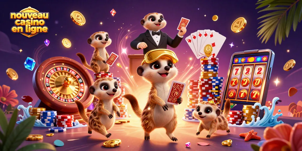 Nouveau casino en ligne avec une colonie de suricates gérant un casino animé, distribués autour de magnifiques jetons et cartes.
