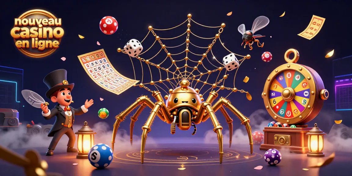 Découvrez le nouveau casino en ligne avec une illustration captivante de personnages de jeu et de loterie.