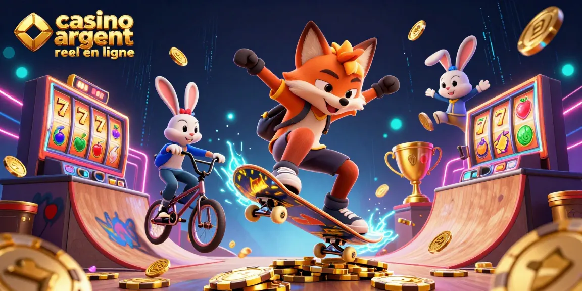 Une scène dynamique illustrant le casino argent réel en ligne avec un renard fidèle sur un tremplin de jetons en or et un lapin BMX à ses côtés.