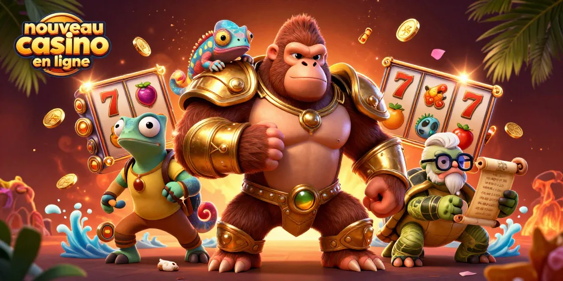Illustration captivante d'un nouveau casino en ligne avec un gorille, un caméléon et une tortue.