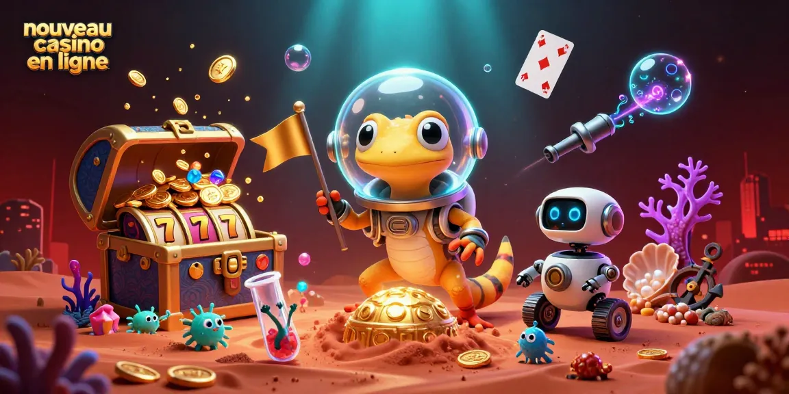 Visualisez une scène captivante de "nouveau casino en ligne" avec un gecko martien et un robot, entourés de trésors et de jeux