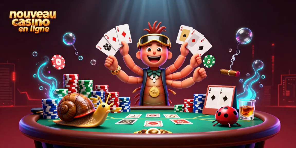Illustration d'un nouveau casino en ligne avec un millipède croupier et des cartes autour.