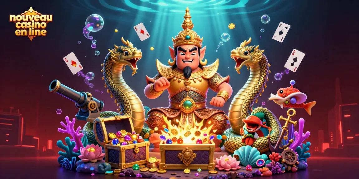 Illustration dynamique d'un nouveau casino en ligne avec un gardien en armure dorée entouré de serpents Naga et de trésors sous-marins.