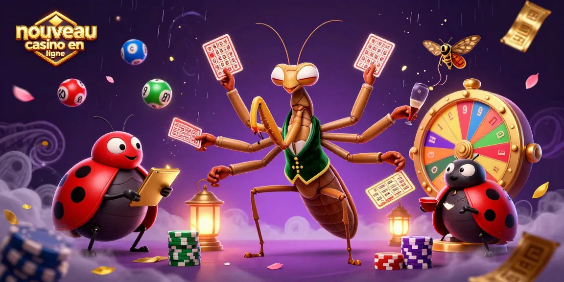 Illustration dynamique d'un nouveau casino en ligne avec des personnages colorés, des jeux de hasard et une ambiance festive.