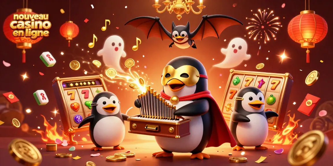 Découvrez l'univers du nouveau casino en ligne avec un pingouin exceptionnel jouant de l'orgue, entouré de symboles de jeux captivants.