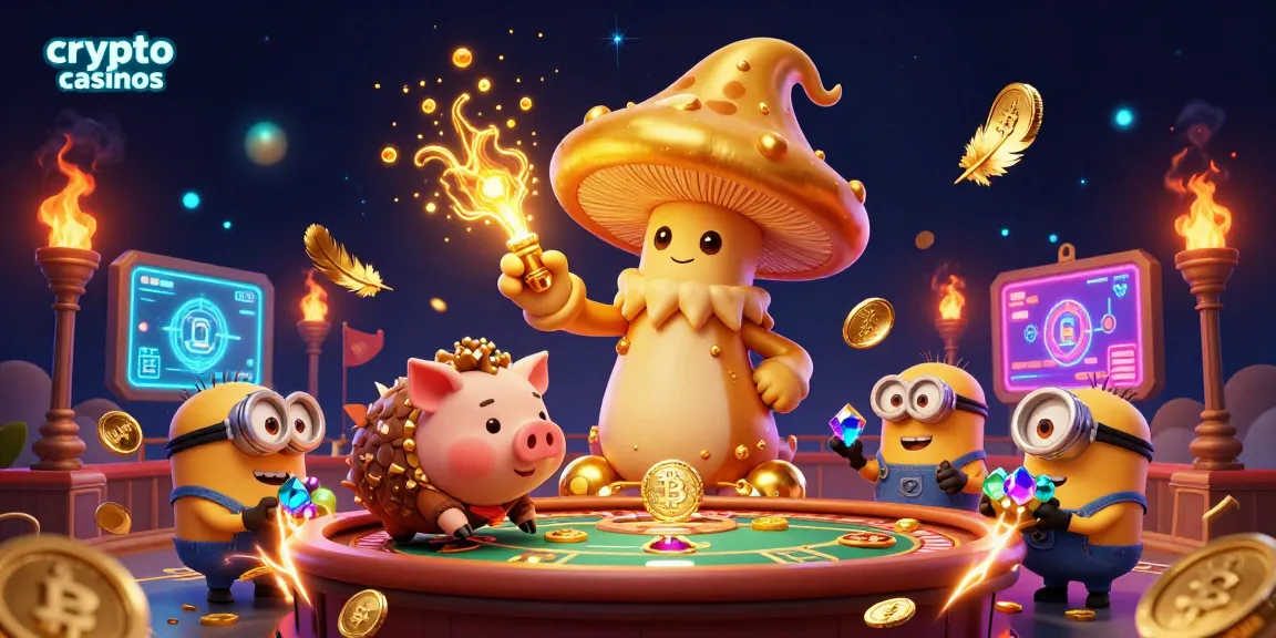 Illustration captivante de crypto casinos avec un sorcier champignon doré et des éléments de jeu dynamiques.