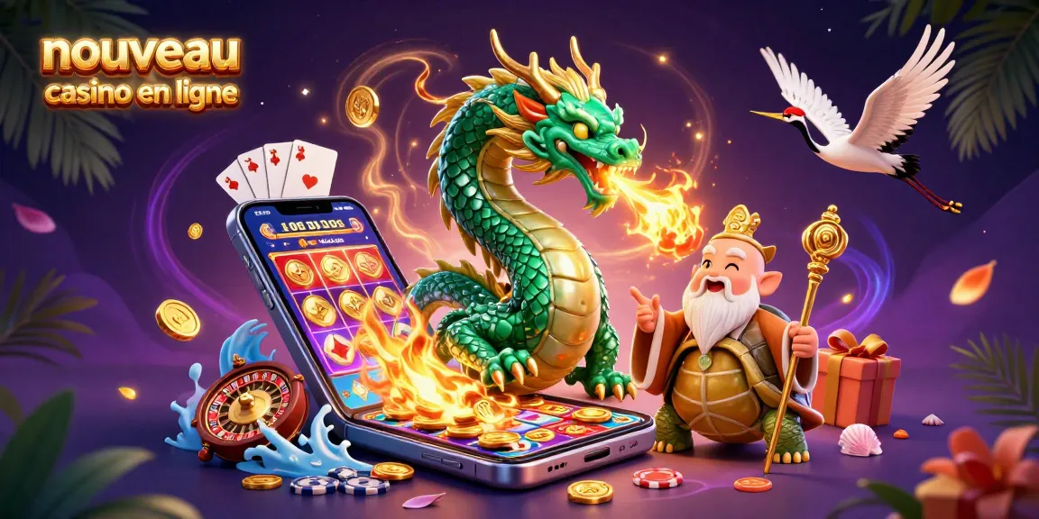 Visuel dynamique de nouveau casino en ligne avec un dragon en jade et des éléments de jeu colorés.