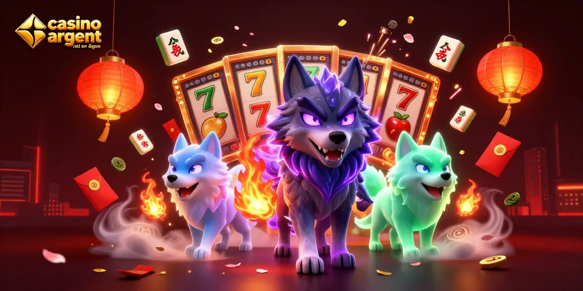 Visuel artistique captivant de casino argent réel en ligne avec des personnages de loups fantomatiques et des éléments de jeu vibrants.