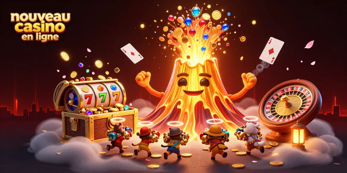 Découvrez l'énergie du nouveau casino en ligne avec cette illustration fascinante où se mêlent volcans et trésors.