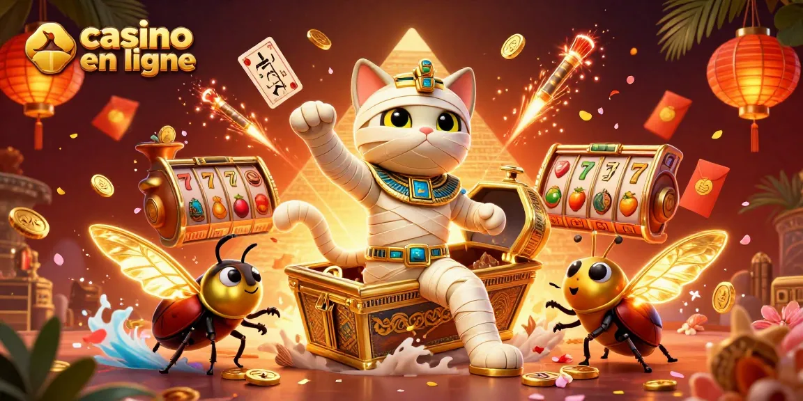 Profitez de l'univers des jeux de casino en ligne avec un chat momie et des éléments martiaux scintillants.