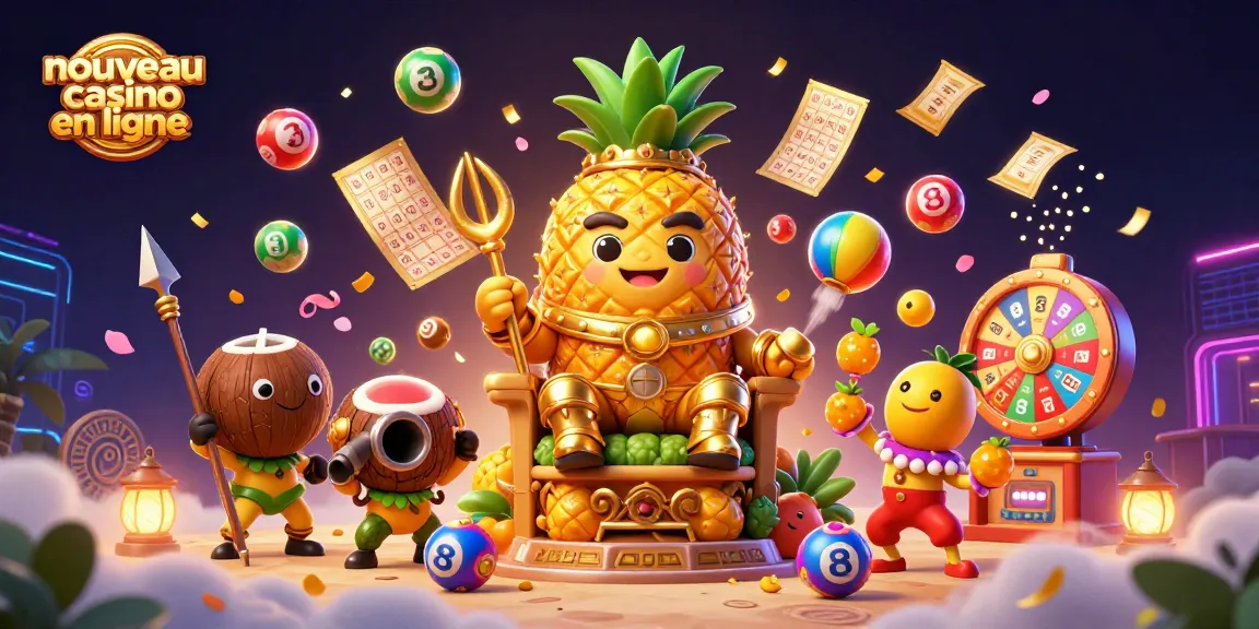 Illustration d'un nouveau casino en ligne mettant en scène un roi ananas, une ambiance festive et des jeux de loterie.